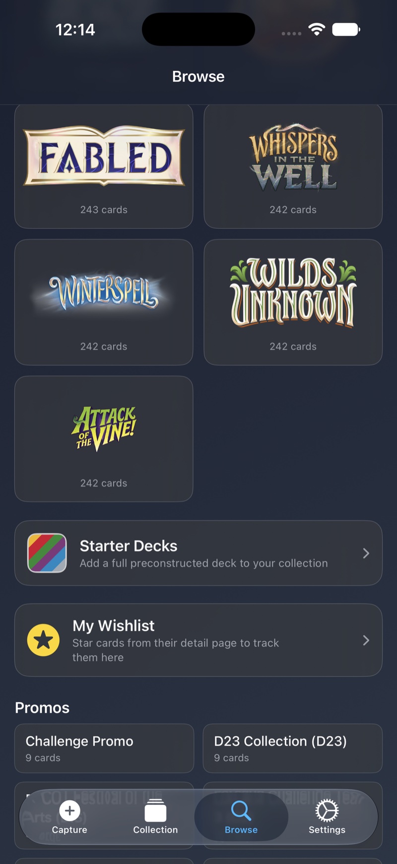 Browse screen with all sets including Attack of the Vine