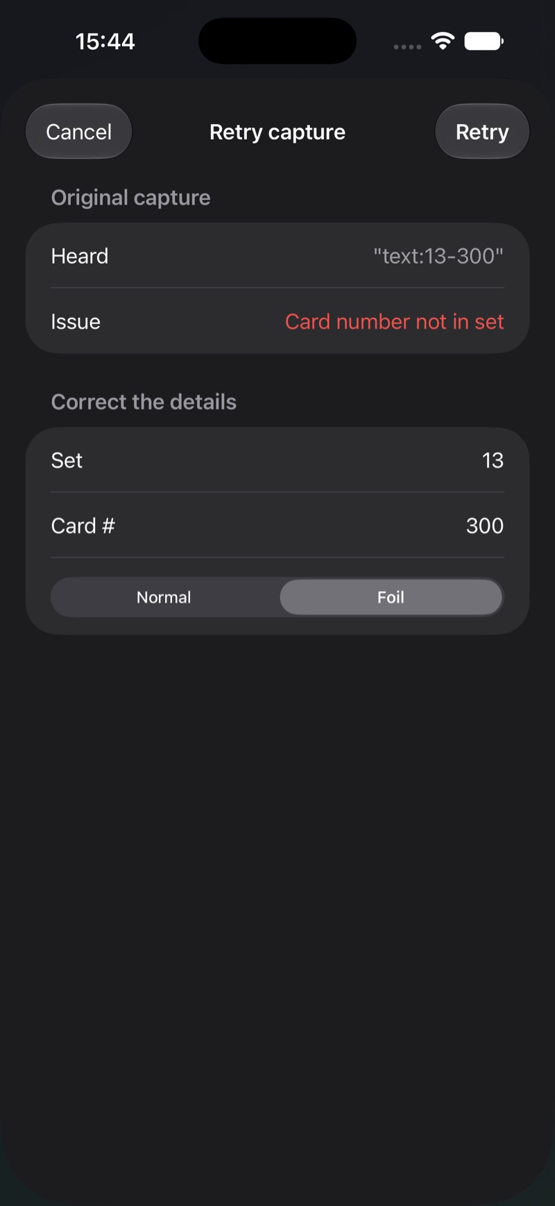 Retry capture sheet showing what was heard and fields to correct set and card number