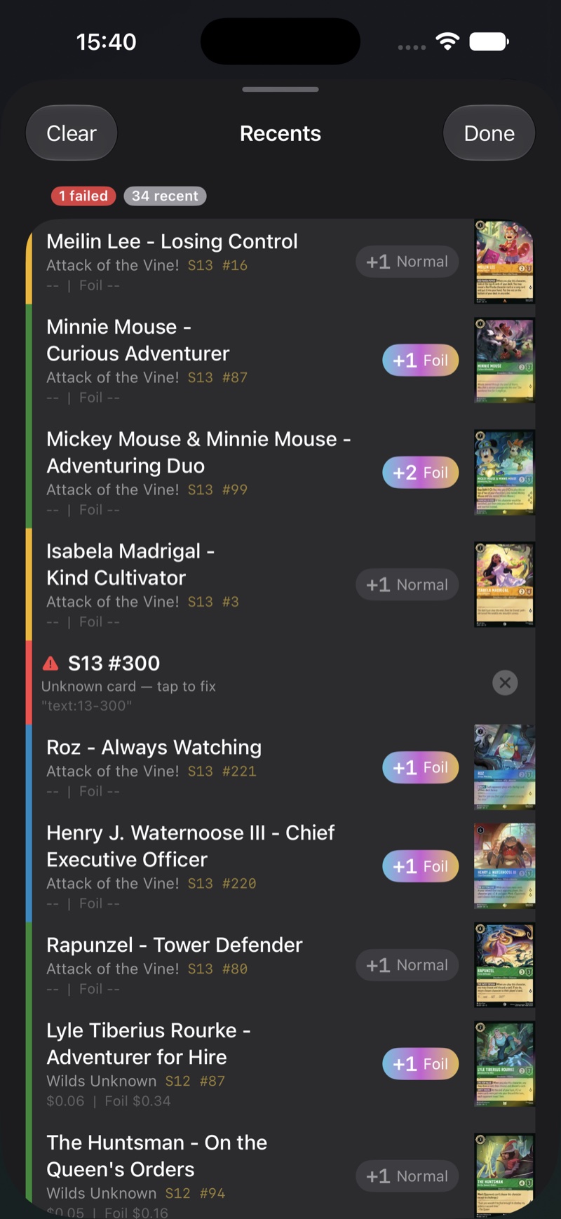 Recents queue with a failed entry flagged for quick inline fixing