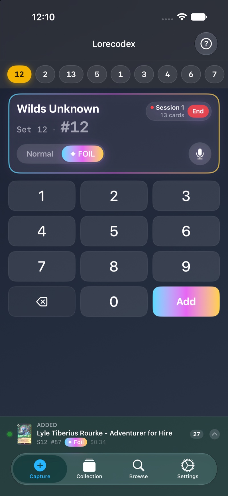 Capture screen with a live session badge showing 13 cards