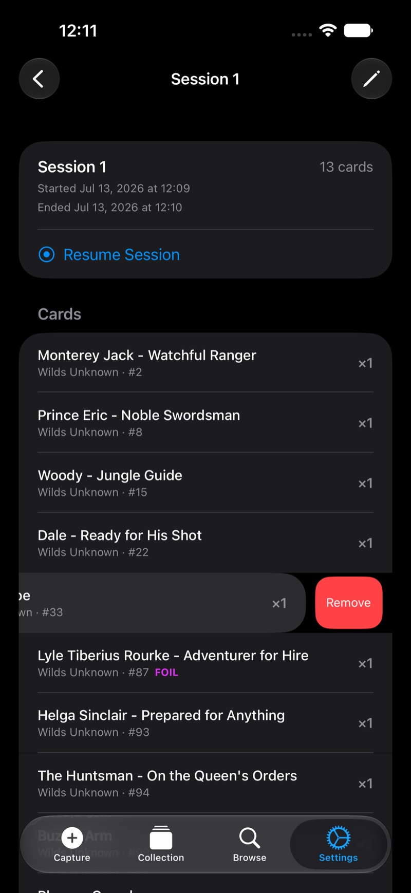 Session detail screen listing the cards pulled in that session