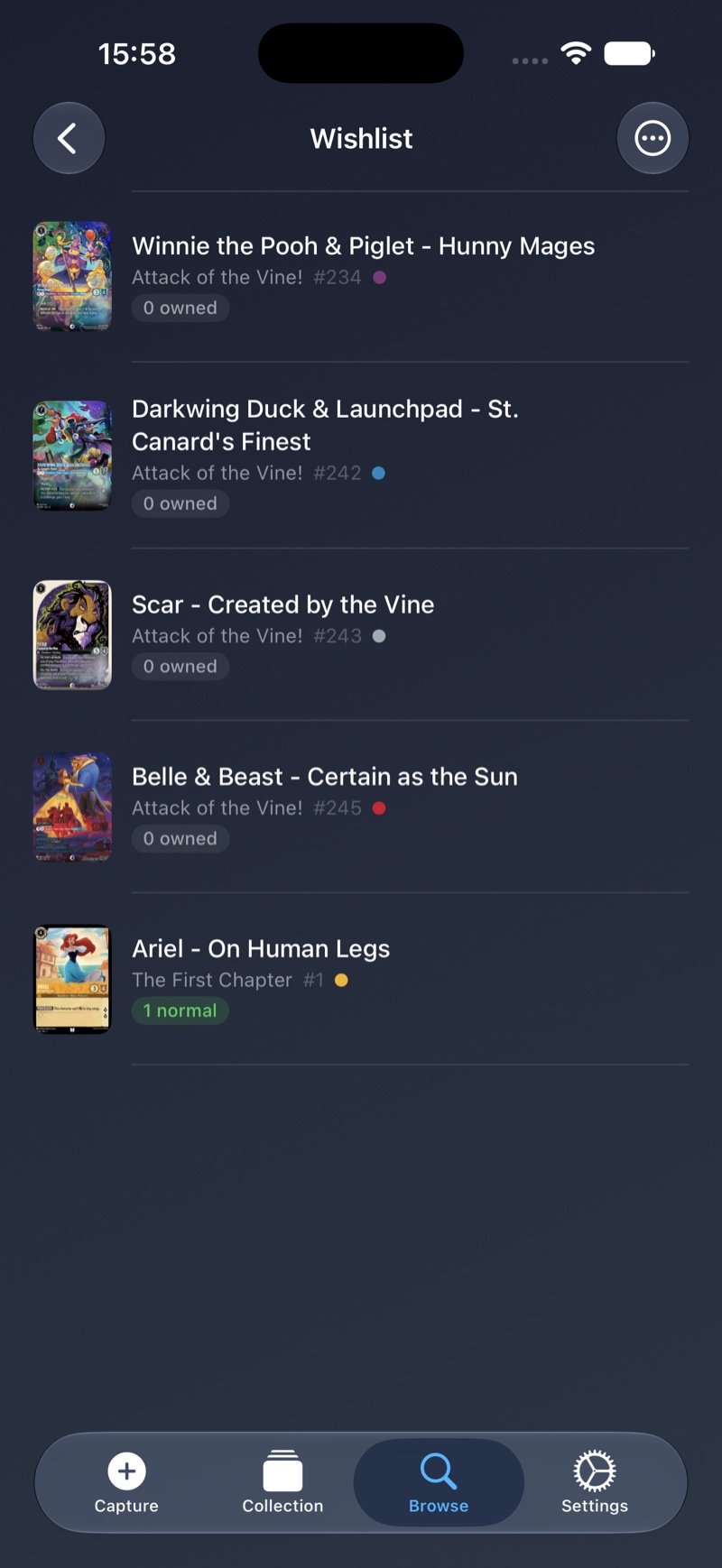 Wishlist screen showing favorited cards with owned counts
